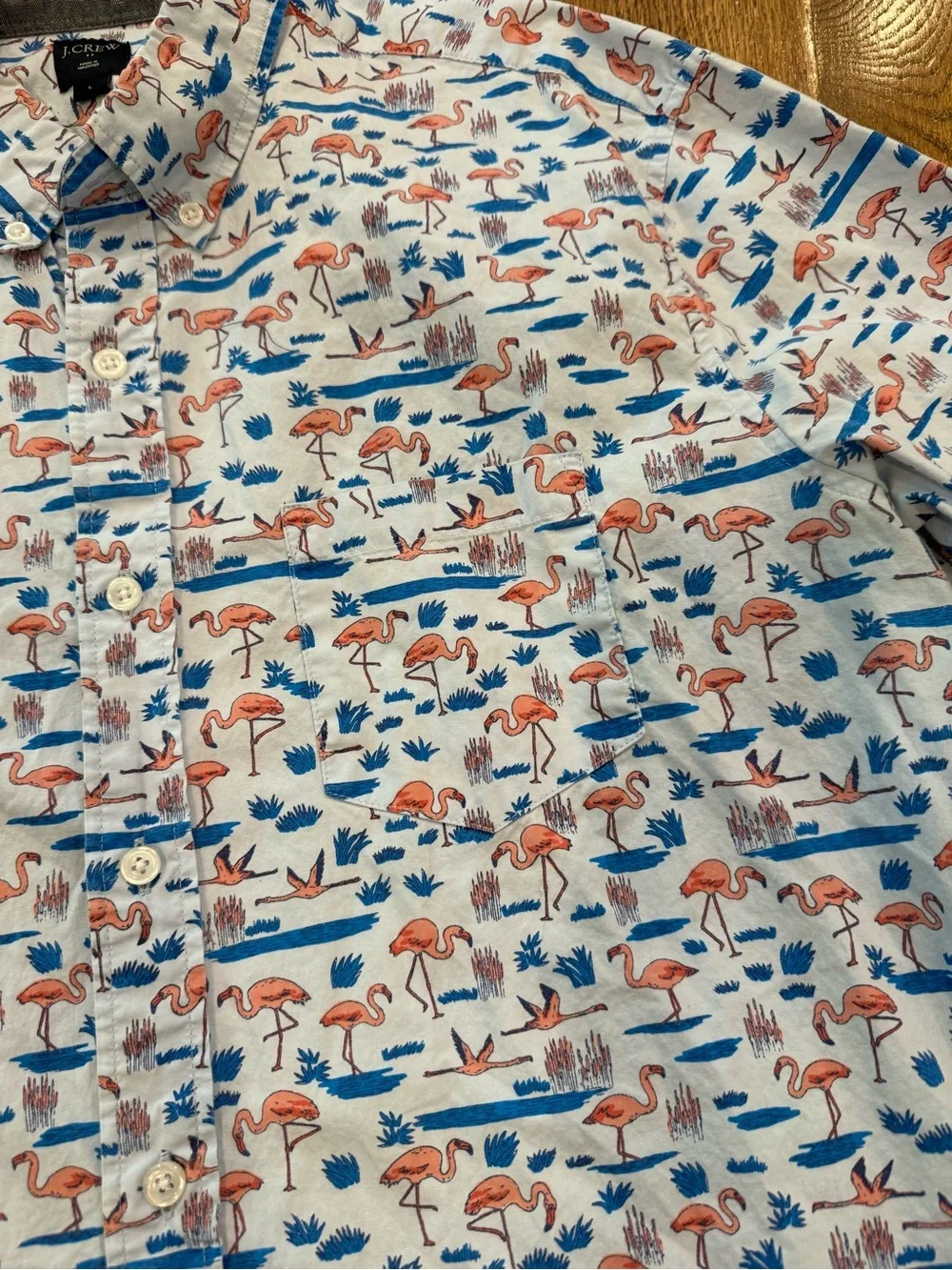 J. Crew Short-sleeve flamingo-print flex casual shirt large